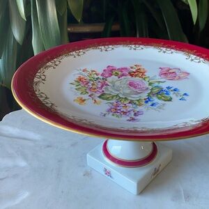 Vintage Limoges LEC France Floral Gold Pedestal Serving Cake Plate Compote Dish